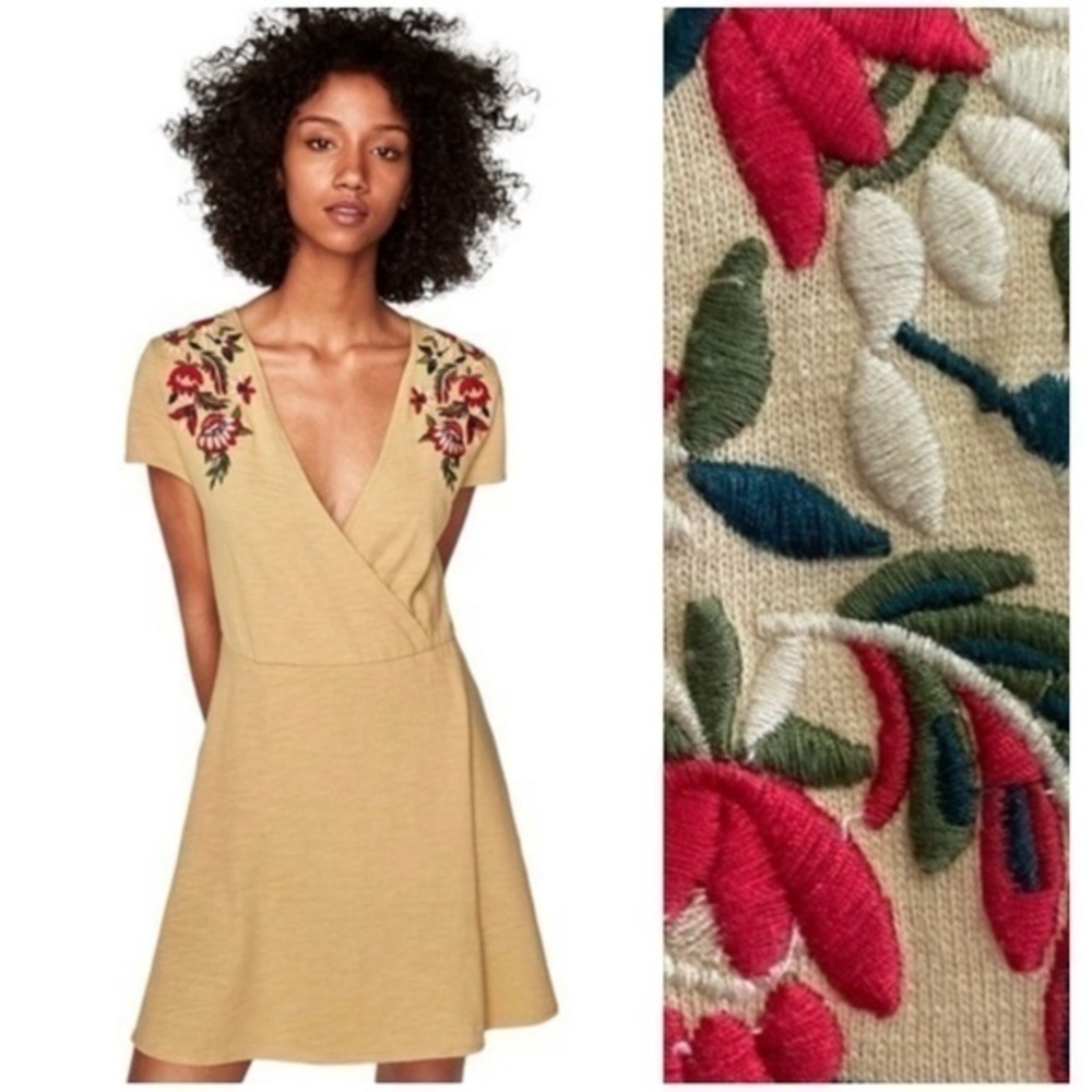 Zara Knit Tan Faux Wrap Dress Floral Embroidery Medium